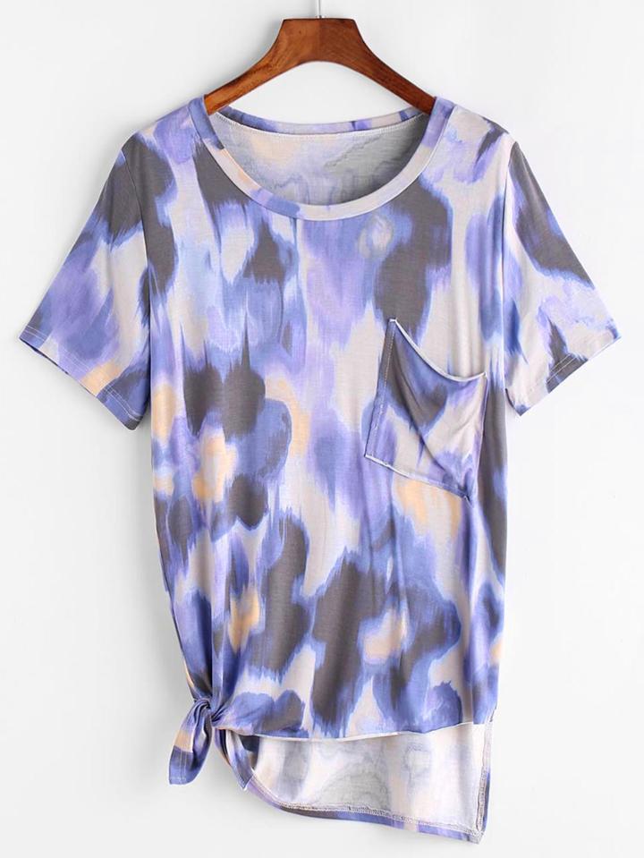 Shein Tie Dye Tie Side High Low Pocket T-shirt