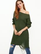 Shein Olive Green Boat Neck Ripped Longline Sweater