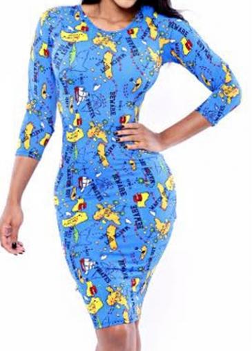 Rosewe Blue Three Quarter Sleeve Printed Knee Length Dress