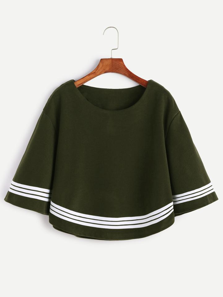 Shein Army Green Bell Sleeve Striped Trim Blouse