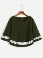 Shein Army Green Bell Sleeve Striped Trim Blouse