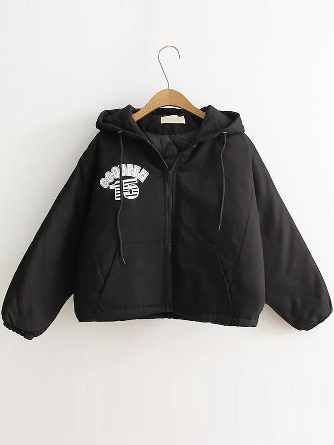 Shein Black Letter Print Hooded Padded Coat
