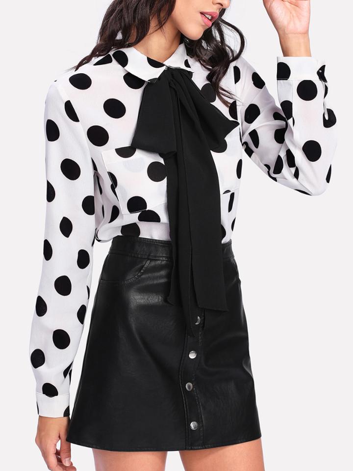 Shein Tie Neck Dual Pocket Polka Dot Blouse