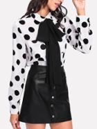 Shein Tie Neck Dual Pocket Polka Dot Blouse