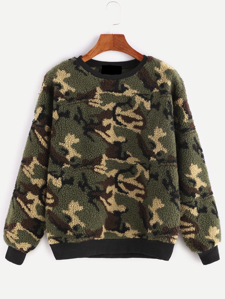 Shein Contrast Ribbed Trim Camo Shearling Sweatshirt
