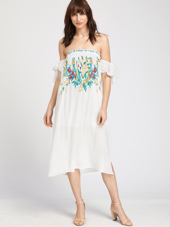 Shein Off Shoulder Tie Sleeve Embroidered Dress