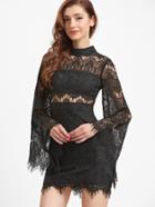 Shein Black Bell Sleeve Eyelash Lace Bodycon Dress