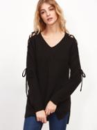 Shein Black Lace Up Sleeve Ribbed Knit Sweater