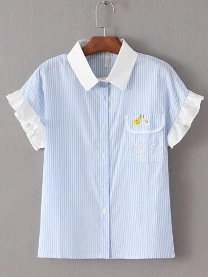 Shein Blue Embroidery Pocket Ruffle Cuff Striped Blouse