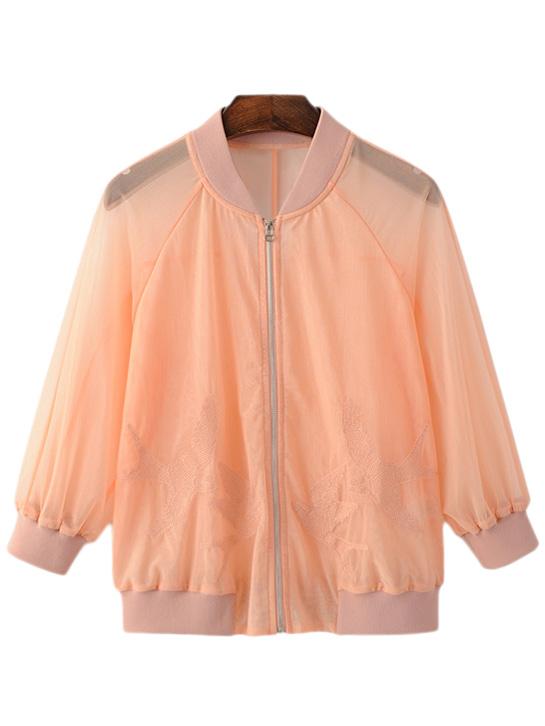 Shein Orange Zipper Front Embroidery See-through Sunscreen Outerwear