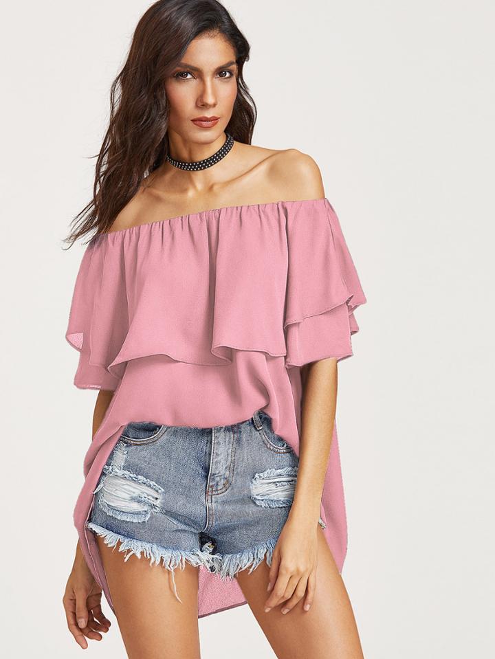 Shein Flounce Layered Neckline Dip Hem Top