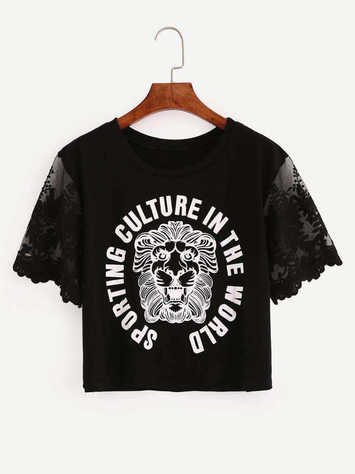 Shein Embroidered Mesh Sleeve Crop Graphic T-shirt - Black