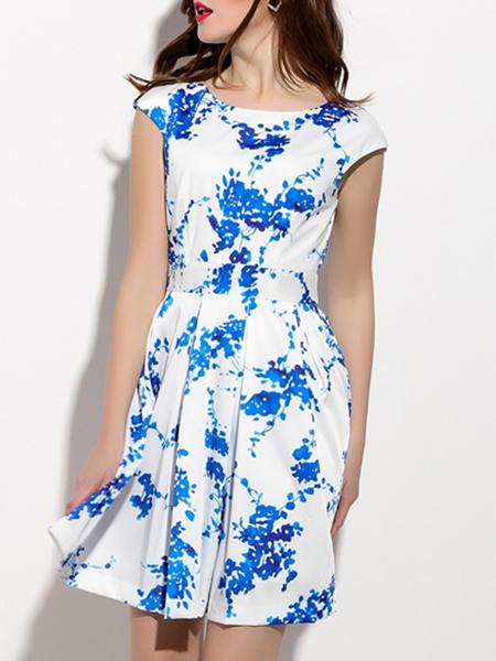 Shein White Crew Neck Print A-line Dress