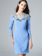 Shein Blue Round Neck Length Sleeve Contrast Gauze Swan Embroidered Dress