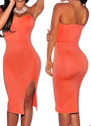 Rosewe Orange Side Slit Zipper Closure Strapless Dress