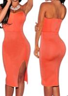 Rosewe Orange Side Slit Zipper Closure Strapless Dress