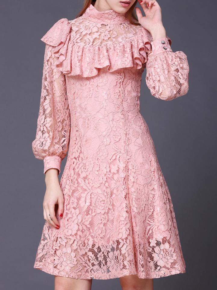Shein Pink Ruffle A-line Lace Dress