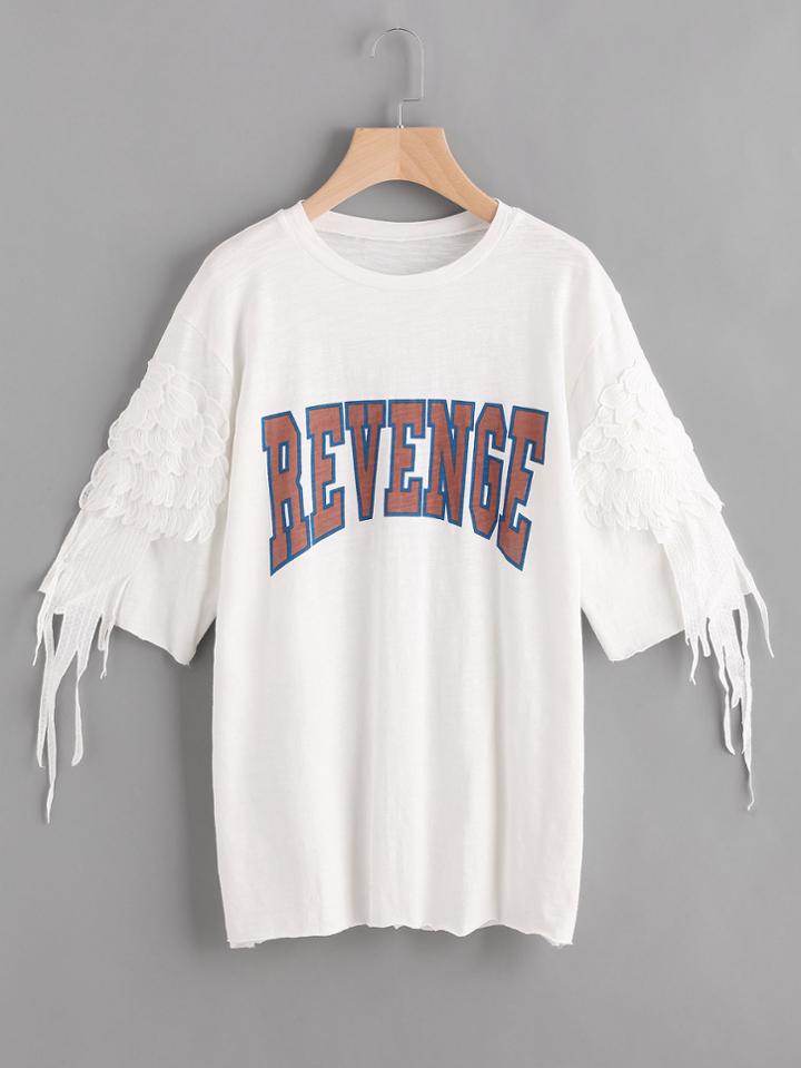 Shein Wing Applique Letter Print Tee