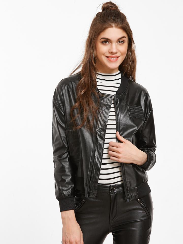 Shein Black Ribbed Trim Faux Leather Jacket
