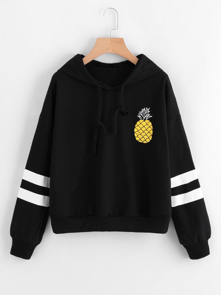 Shein Pineapple Print Contrast Stripe Sleeve Hoodie