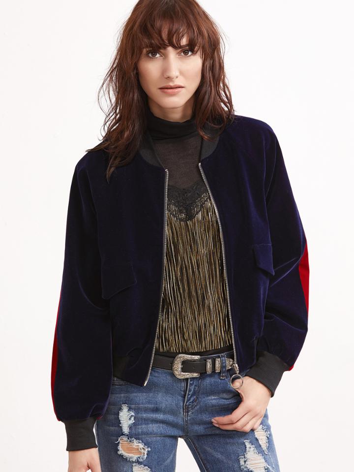 Shein Purple Pocket Front Contrast Panel Back Velvet Bomber Jacket