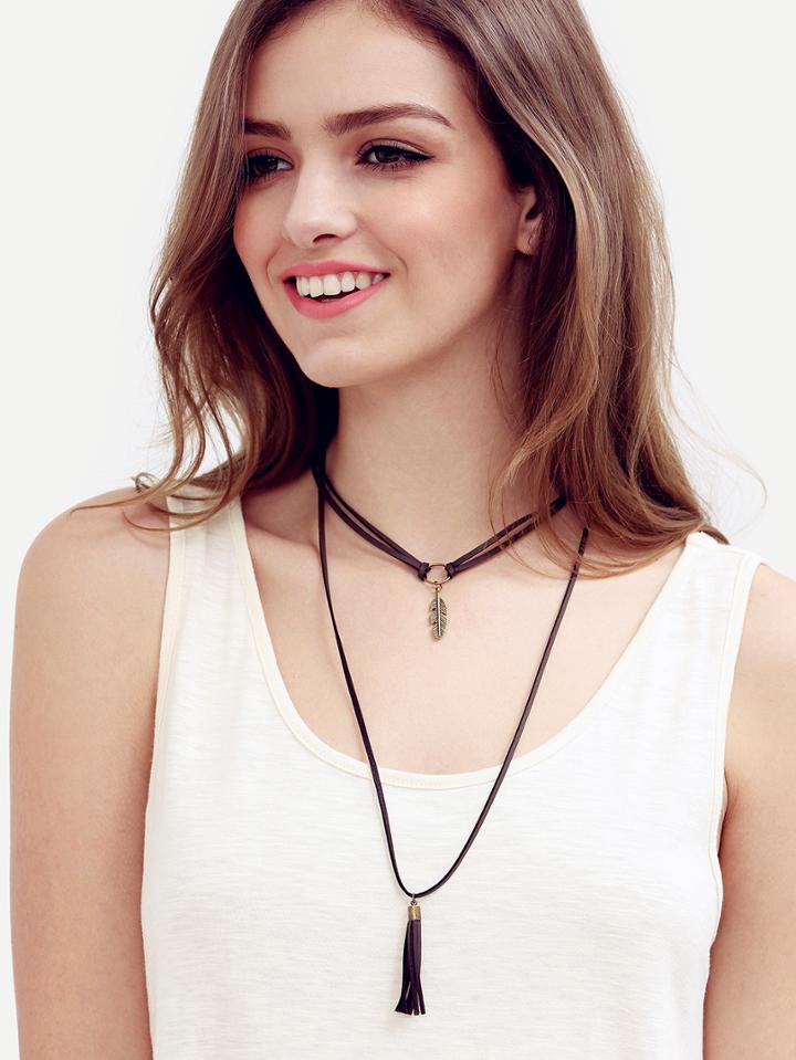 Shein Multilayer Leaf Fringe Pendant Necklace