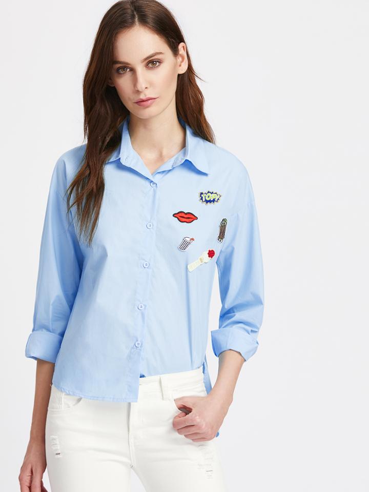 Shein Single Breasted Tunic Blouse With Patch