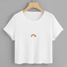Shein Rainbow Embroidered Rib Knit Tee