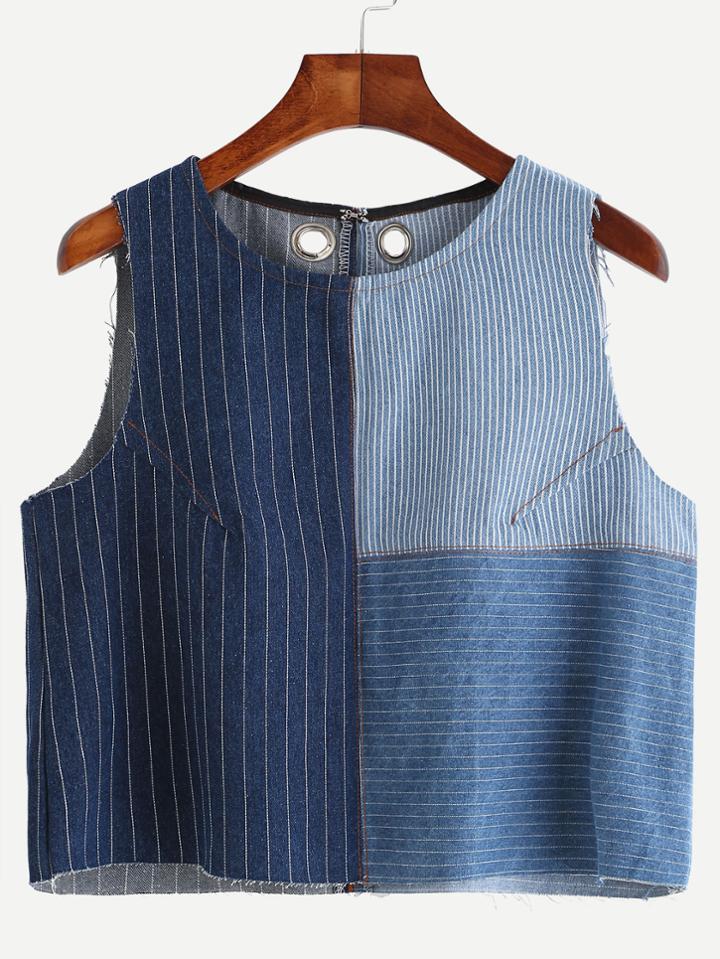 Shein Blue Metal Eyelet Detail Denim Patchwork Top