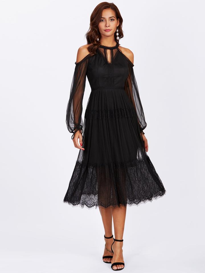 Shein Open Shoulder Cutout Front Mesh Overlay Eyelash Hem Dress