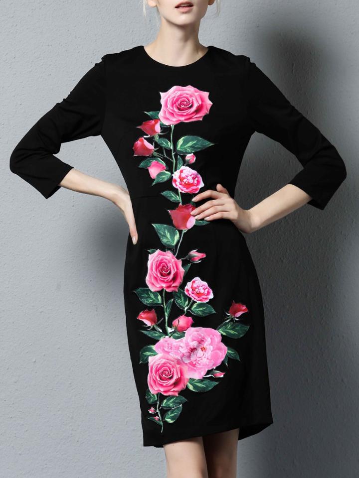 Shein Black Flowers Applique Pouf Sheath Dress