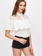 Shein White Pointed Collar Lace Shoulder Ruffle Blouse