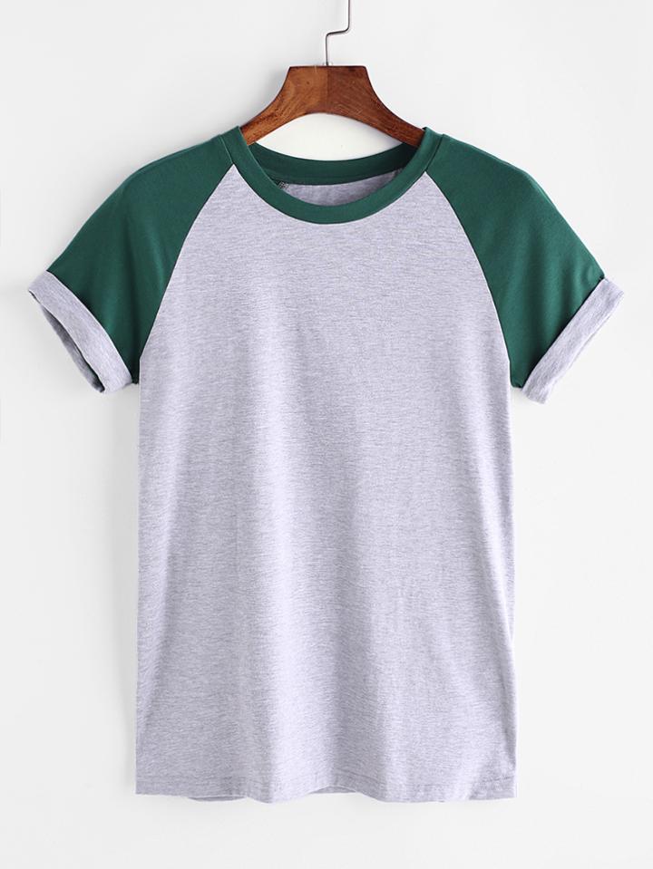 Shein Contrast Cuffed Raglan Sleeve Heathered Tee