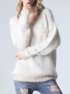 Shein White Round Neck Hollow Back Loose Sweater