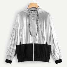 Shein Zip Up Drawstring Color Block Hoodie Jacket