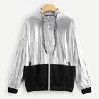 Shein Zip Up Drawstring Color Block Hoodie Jacket