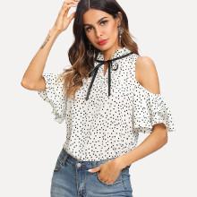 Shein Cold Shoulder Frilled Tied Neck Dot Blouse