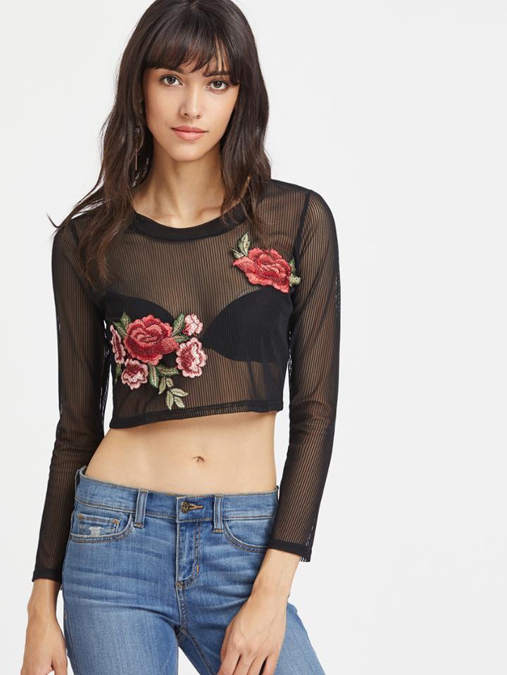Shein Sheer Mesh Appliques Crop Top