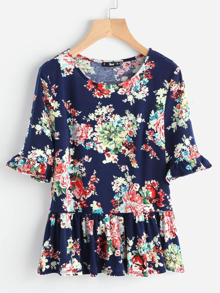 Shein Ruffle Trim Sleeve Floral Smock Tee