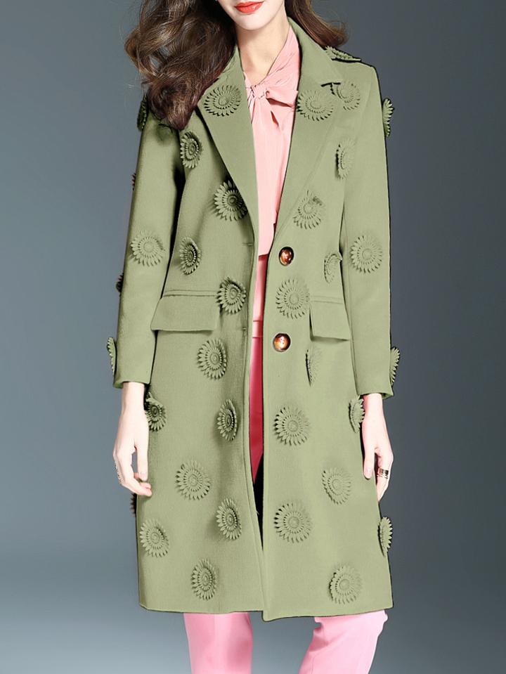 Shein Green Lapel Flowers Applique Pockets Coat