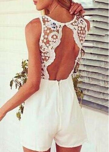 Rosewe Lace Splicing Open Back White Rompers