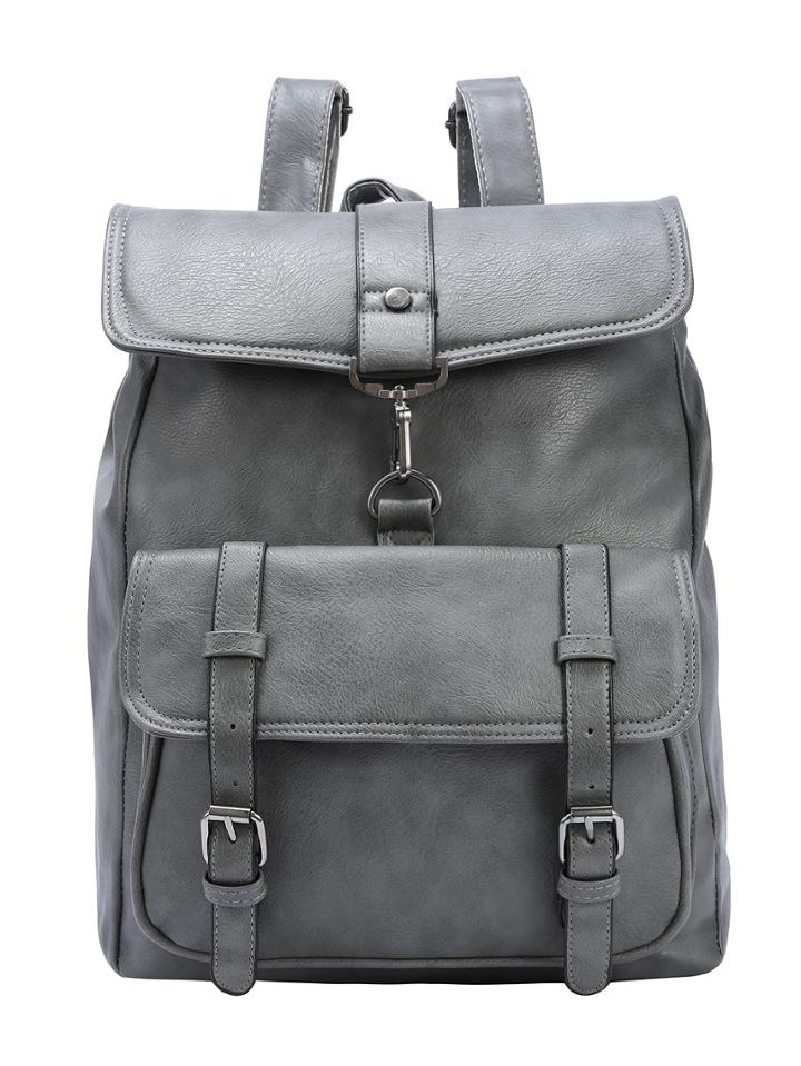 Shein Grey Faux Leather Hook Lock Flap Backpack