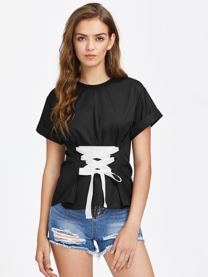 Shein Eyelet Lace Up Corset Cuffed Top