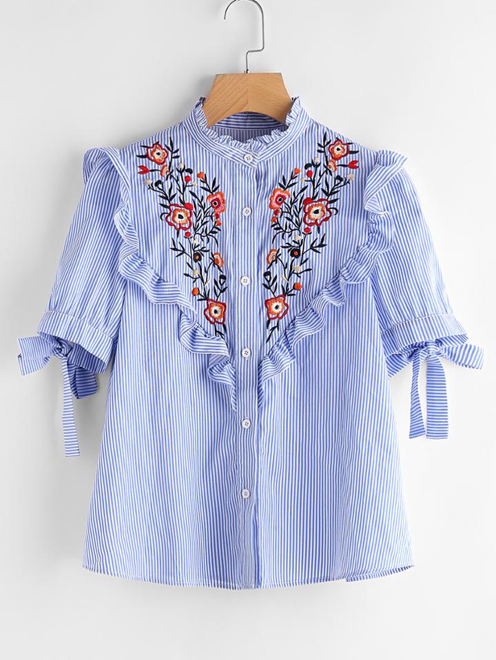 Shein Frilled Embroidered Yoke Tie Sleeve Striped Blouse