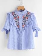 Shein Frilled Embroidered Yoke Tie Sleeve Striped Blouse