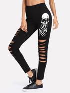 Shein Halloween Skeleton Print Ripped Leggings