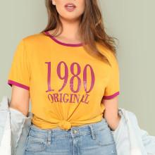 Shein Plus Letter And Number Print Ringer Tee