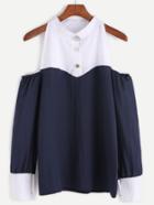 Shein Navy Color Block Open Shoulder Blouse With Buttons