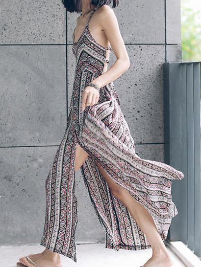 Shein Multicolor Spaghetti Strap Tribal Print Split Dress