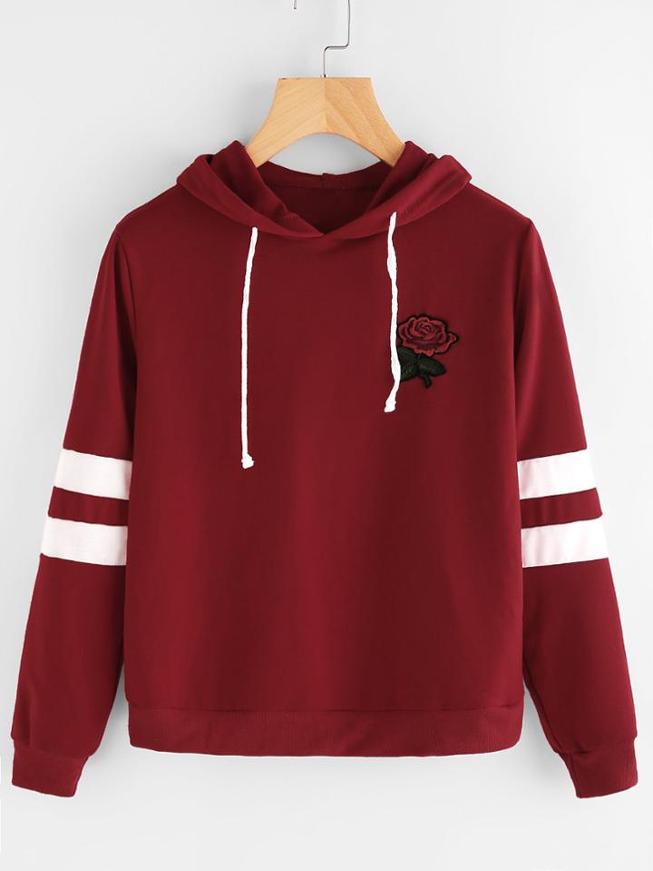 Shein Varsity-striped Rose Patch Hoodie